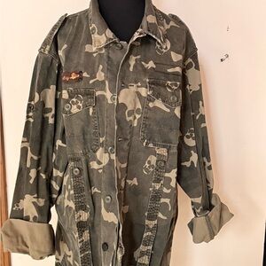 Camo Star Indigo Skull Military-Style Jacket - Olive Green